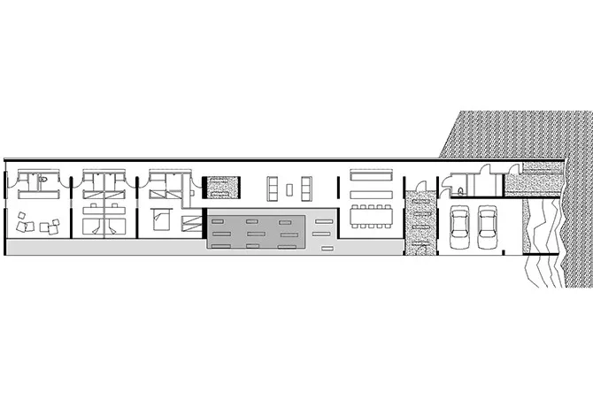 Plan de rez-de-chaussée 1. Entrée 2. Garage 3. cuisine 4. Séjour 5. chambres 6. pièce tv 7. Salles de bains 8. piscine