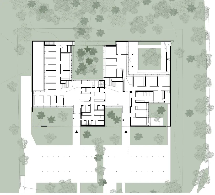 Plan de rez-de-chaussée 1.Hall d’entrée de la partie dédiée  aux enfants 2.Hall d’entrée  de la partie dédiée  aux adultes 3.Zone « tampon » réservée au personnel et séparant les deux parties du centre