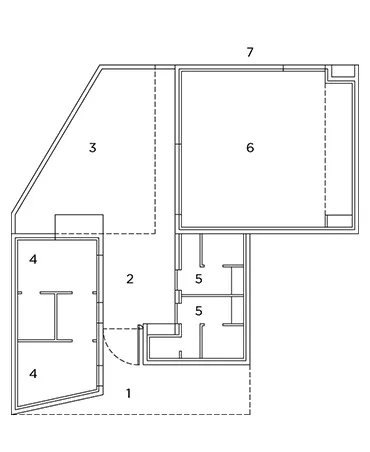 Plan de rez-de-chaussée 1. Parvis 2. Porche 3. Patio 4. bureaux 5. sanitaires 6. grande salle 7. jardin des liquidambars