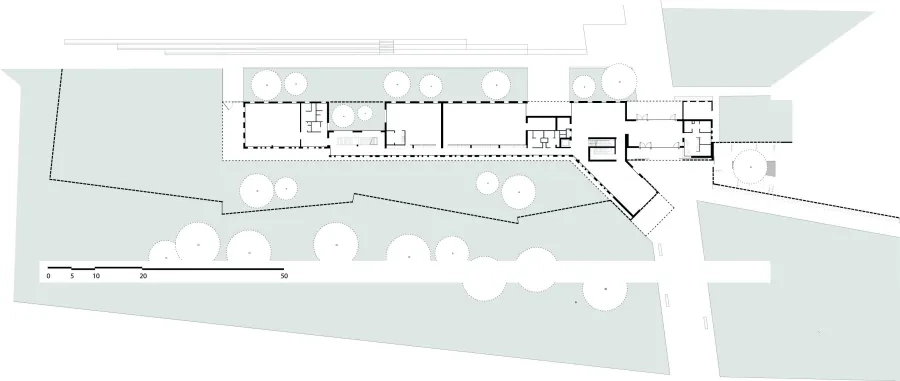 Plan de rez-de-chaussée du bâtiment d’accueil 1. Greta – 2. Salle des professeurs – 3. Salle d’examen – 4. Hall secondaire – 5. Salle d’exposition – 6. Hall d’accueil