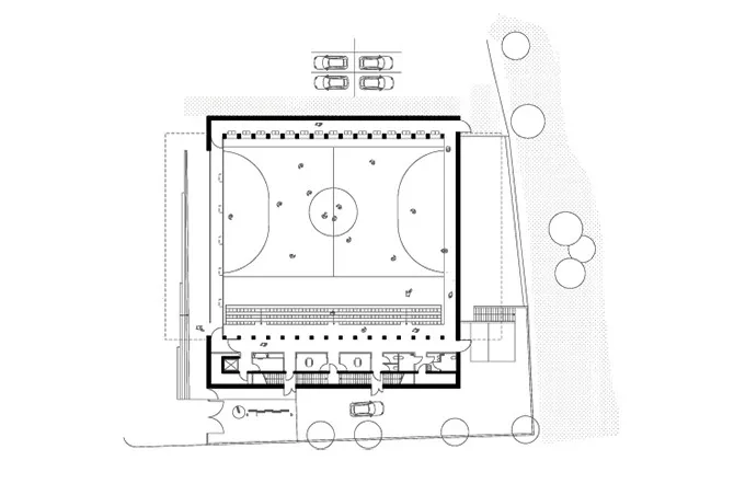 Plan niveau rue, entrée mezzanine 1. parvis 2. mezzanine 3. tribunes 4. bureauxassociations