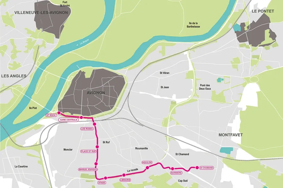 Schéma 2 // Tracé de la ligne 1  du tramway d’Avignon,  avec le nom des stations.