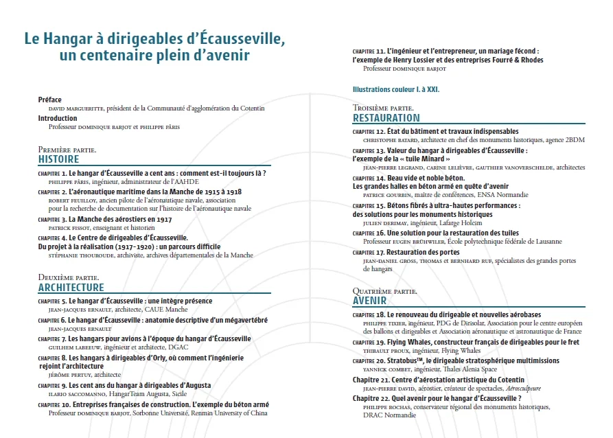 Sommaire de l'ouvrage "Le hangar à dirigeables d’Écausseville : un centenaire plein d'avenir"