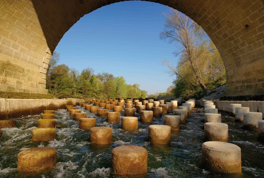 Les 113 cylindres de béton cassent la dynamique de l’eau et permettent aux poissons de se reposer lorsqu’ils remontent le courant.