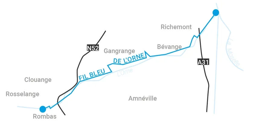 Tracé de la véloroute du Fil bleu et de la Voie bleue.