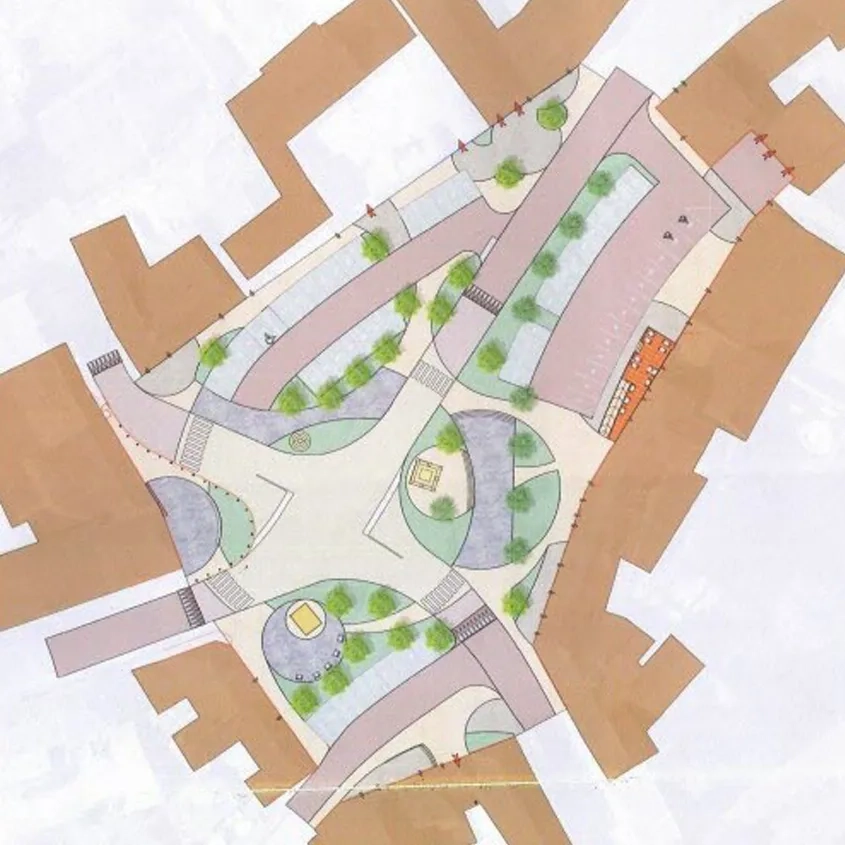 L’esquisse « satellite » retenue pour la rénovation de la place du Champ-de-Foire. (Illustration © de l’Atelier du Triangle)