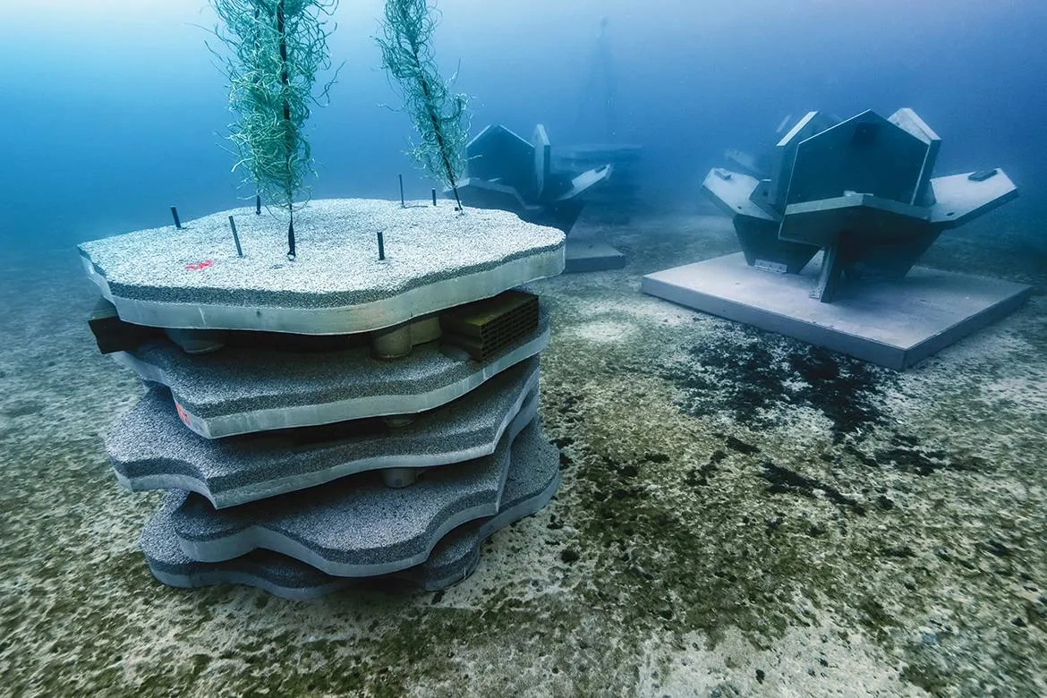 Marseille, calanque de Cortiou, un village, par moins 25 m. Constitués de différents types de récifs, des Rague et Fractal®, les villages répondent aux besoins de plusieurs espèces de poissons.